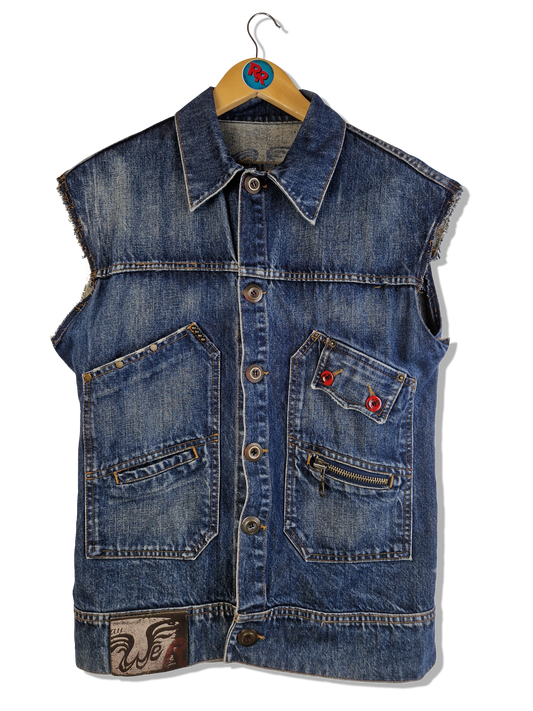 Vintage Jeansweste Dark Denim Backprint Dunkelblau S-M