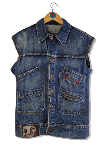 Vintage Jeansweste Dark Denim Backprint Dunkelblau S-M