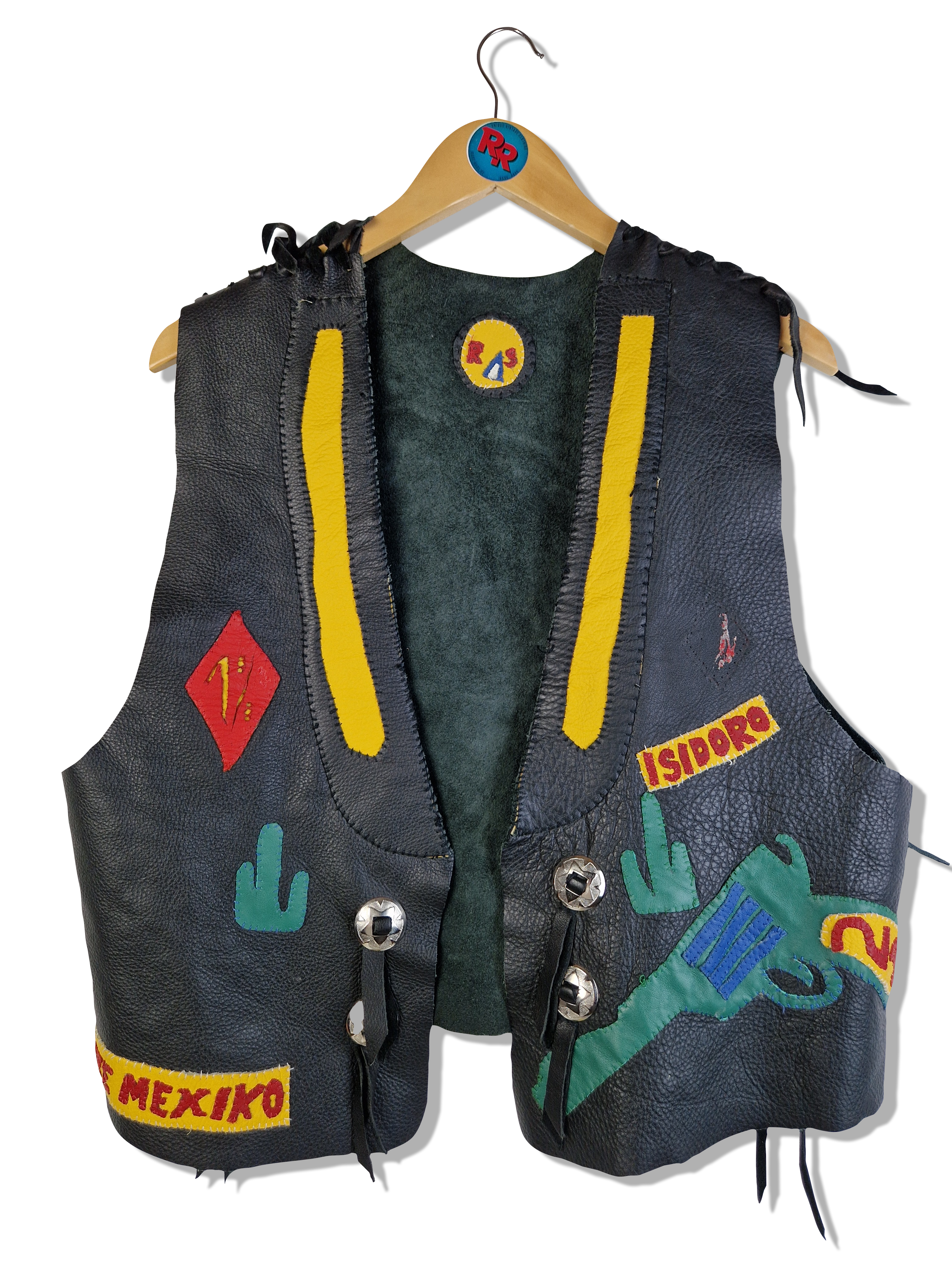 Vintage Cafe Mexico Lederweste Patchwork Selfmade Schwarz S-M