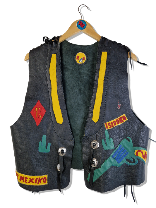 Vintage Cafe Mexico Lederweste Patchwork Selfmade Schwarz S-M