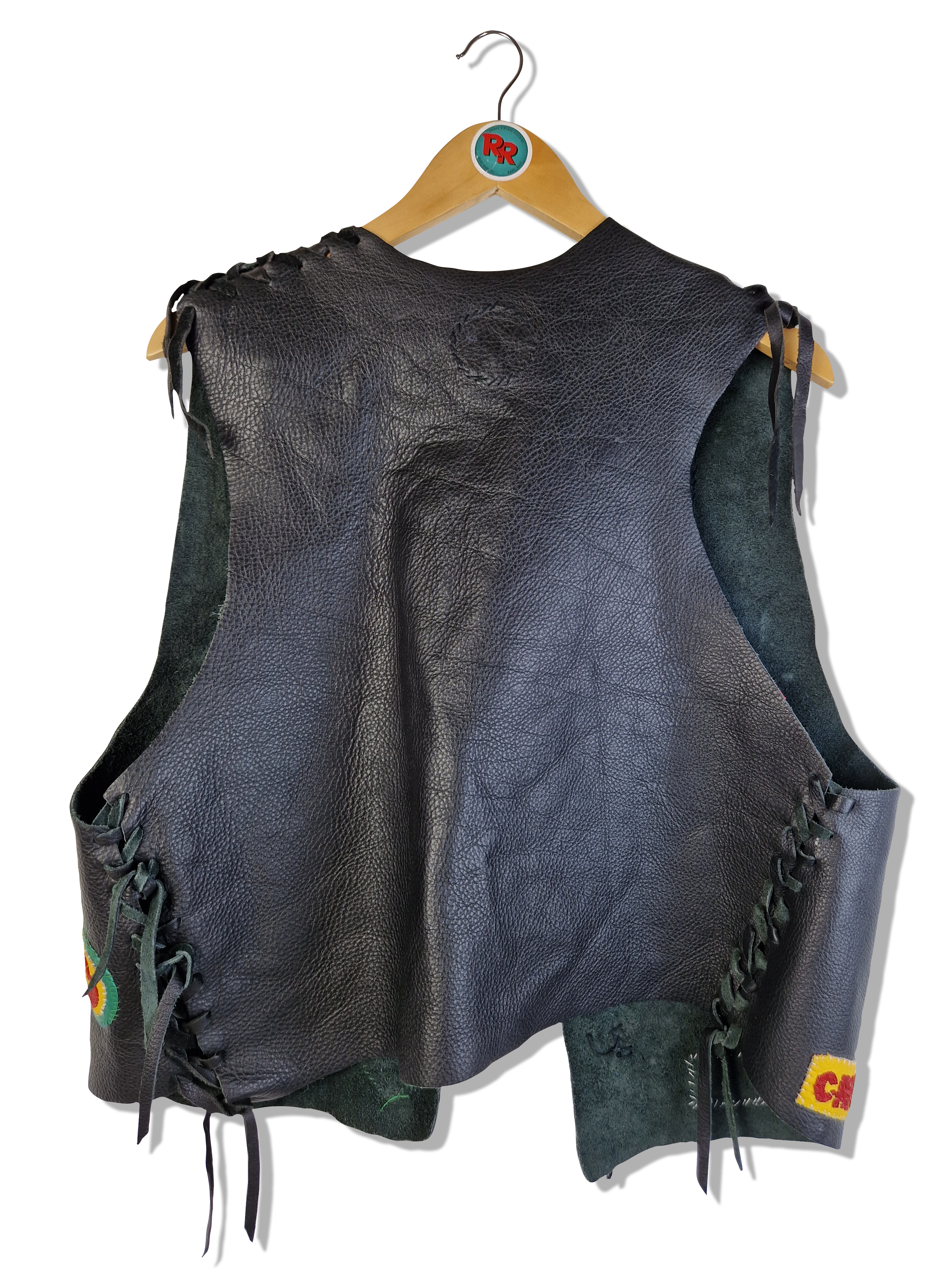 Vintage Cafe Mexico Lederweste Patchwork Selfmade Schwarz S-M