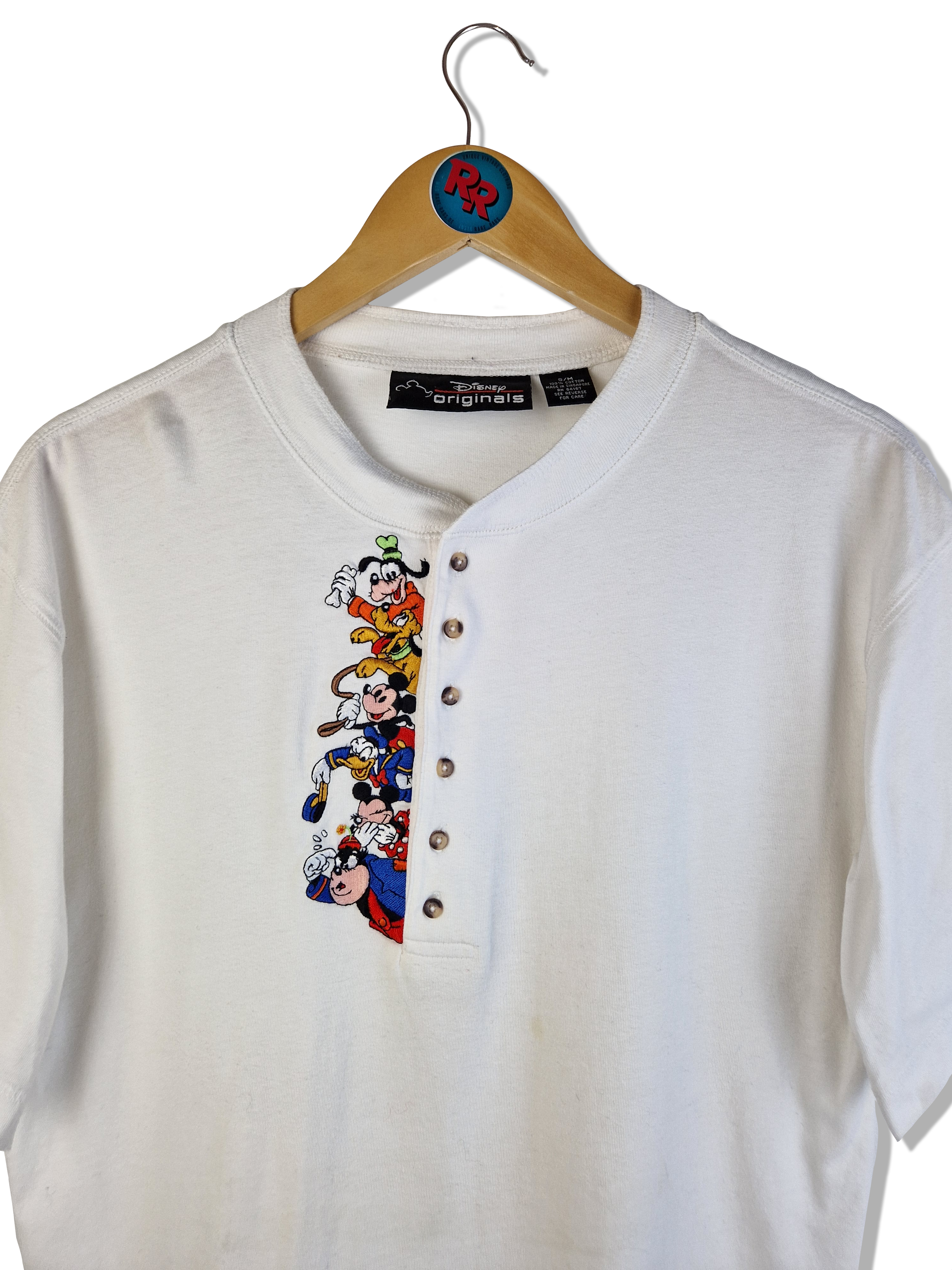 Vintage Disney Originales Shirt Halbe Knopfleiste Bestickt Made In Singapore Weiß S-M - RareRags