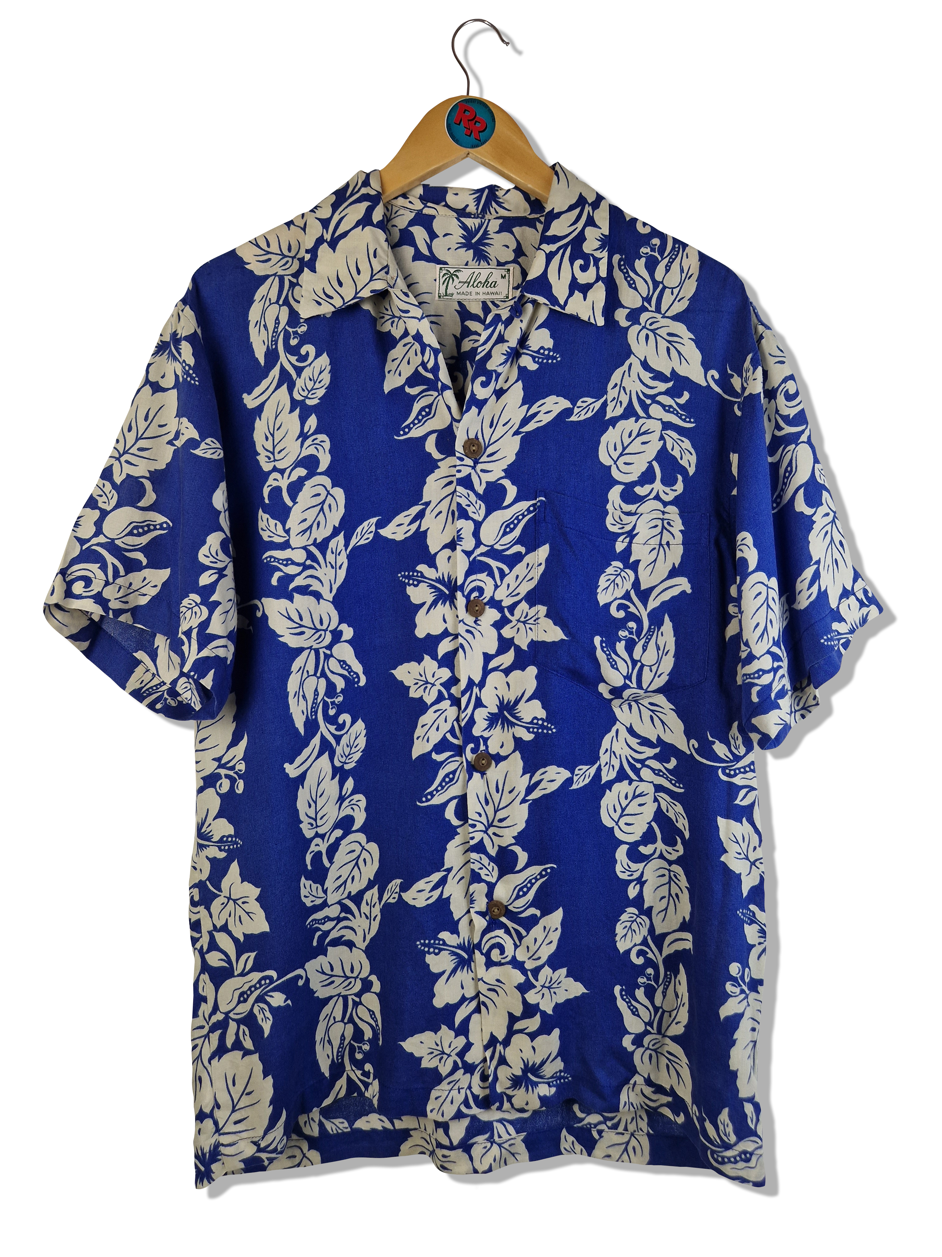 Vintage Aloha Hemd Kurzarm Made In Hawaii Blau Weiß M