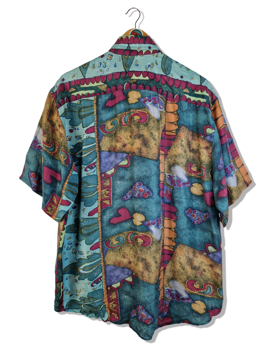 Vintage Avanti By C&A Hemd Kurzarm Seide Abstract Pattern Bunt L