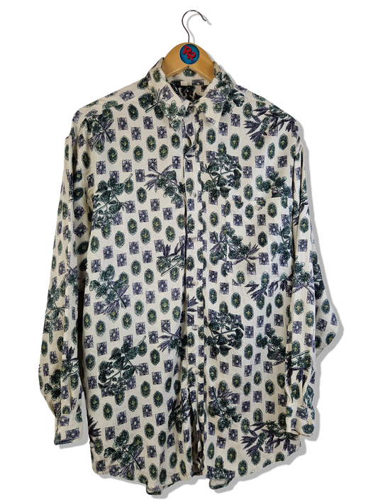 Vintage Signe Incognito Hemd Seide Blumen Muster Weiß Grün L-XL