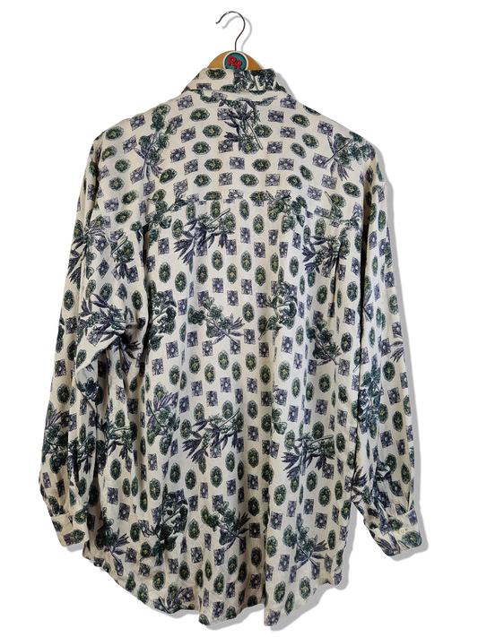 Vintage Signe Incognito Hemd Seide Blumen Muster Weiß Grün L-XL