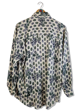 Vintage Signe Incognito Hemd Seide Blumen Muster Weiß Grün L-XL