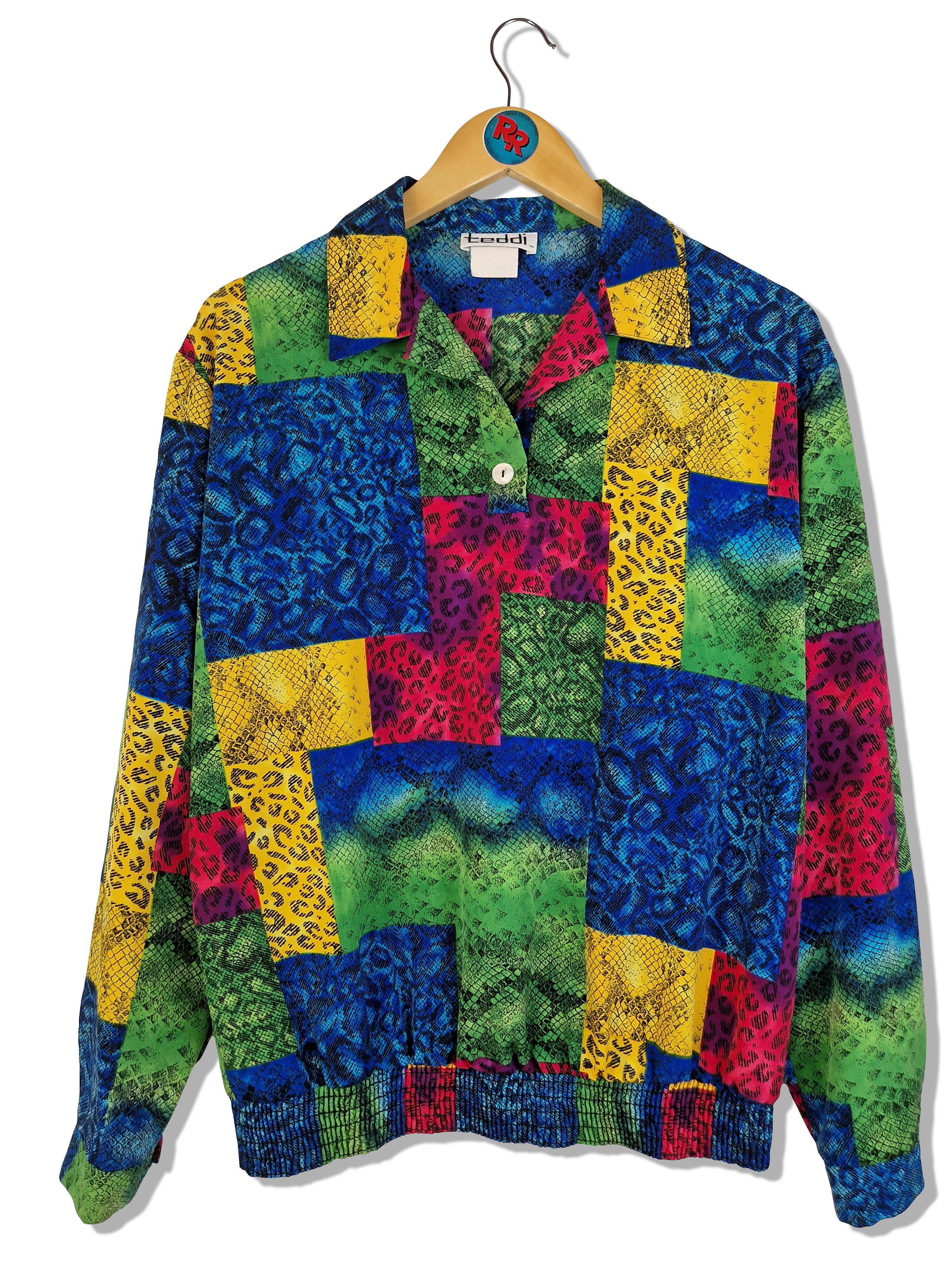 Vintage Teddi Hemd 80s Crazy Pattern Leo x Snake Print Mit Gummizügen Bunt S-M
