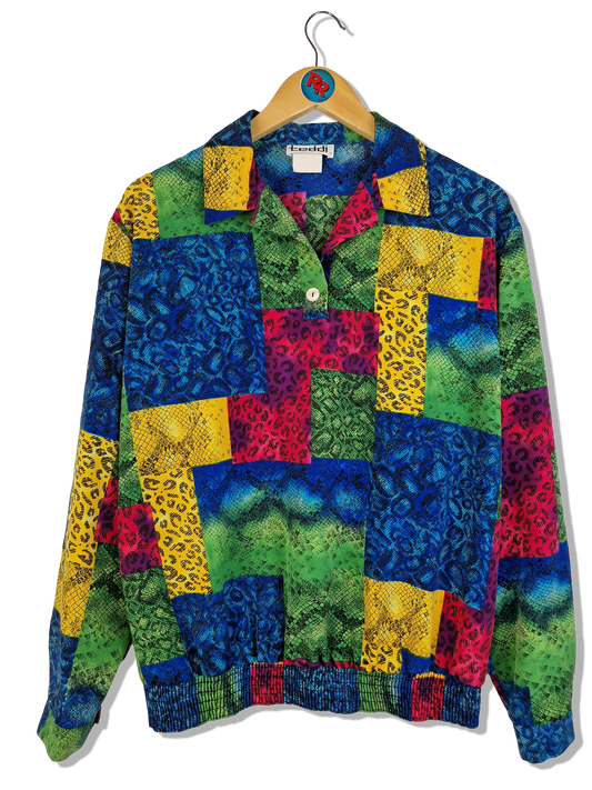 Vintage Teddi Hemd 80s Crazy Pattern Leo x Snake Print Mit Gummizügen Bunt S-M