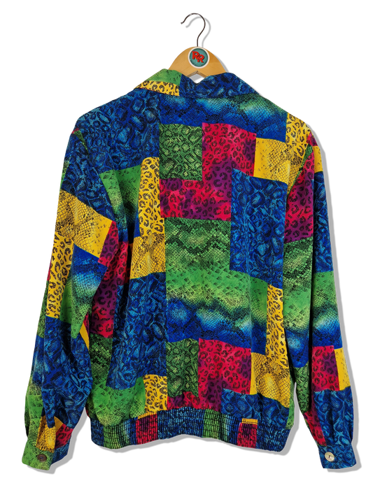 Vintage Teddi Hemd 80s Crazy Pattern Leo x Snake Print Mit Gummizügen Bunt S-M