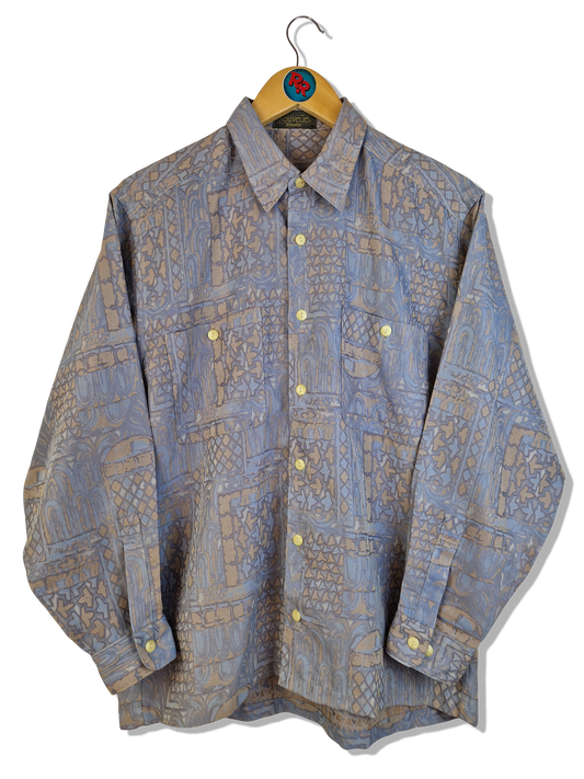Vintage Nouvelle Eliteclub Hemd Abstract Pattern Hellblau Braun M-L