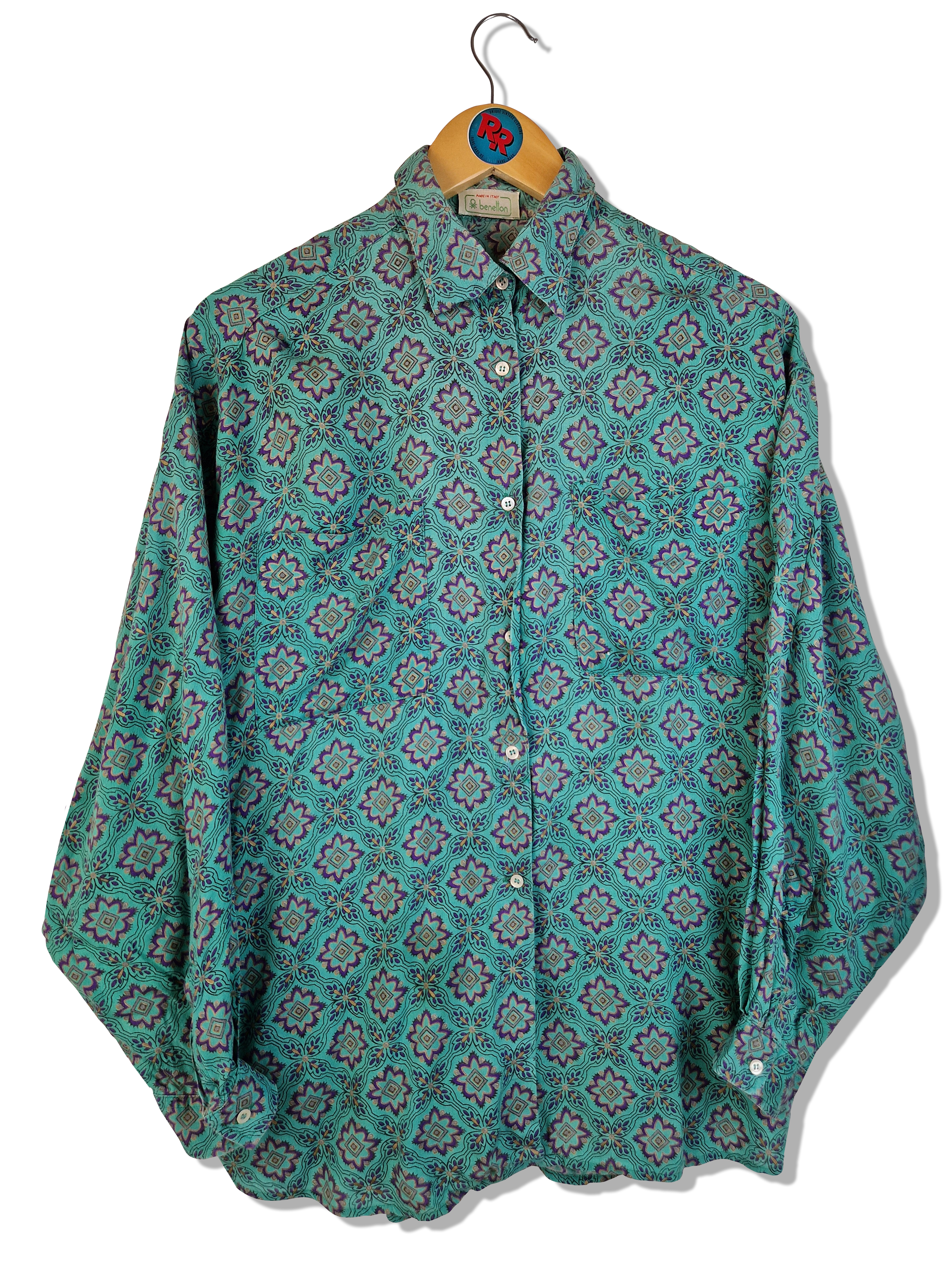 Vintage Benetton Hemd Made In Italy Abstract Pattern Türkis Lila M-L