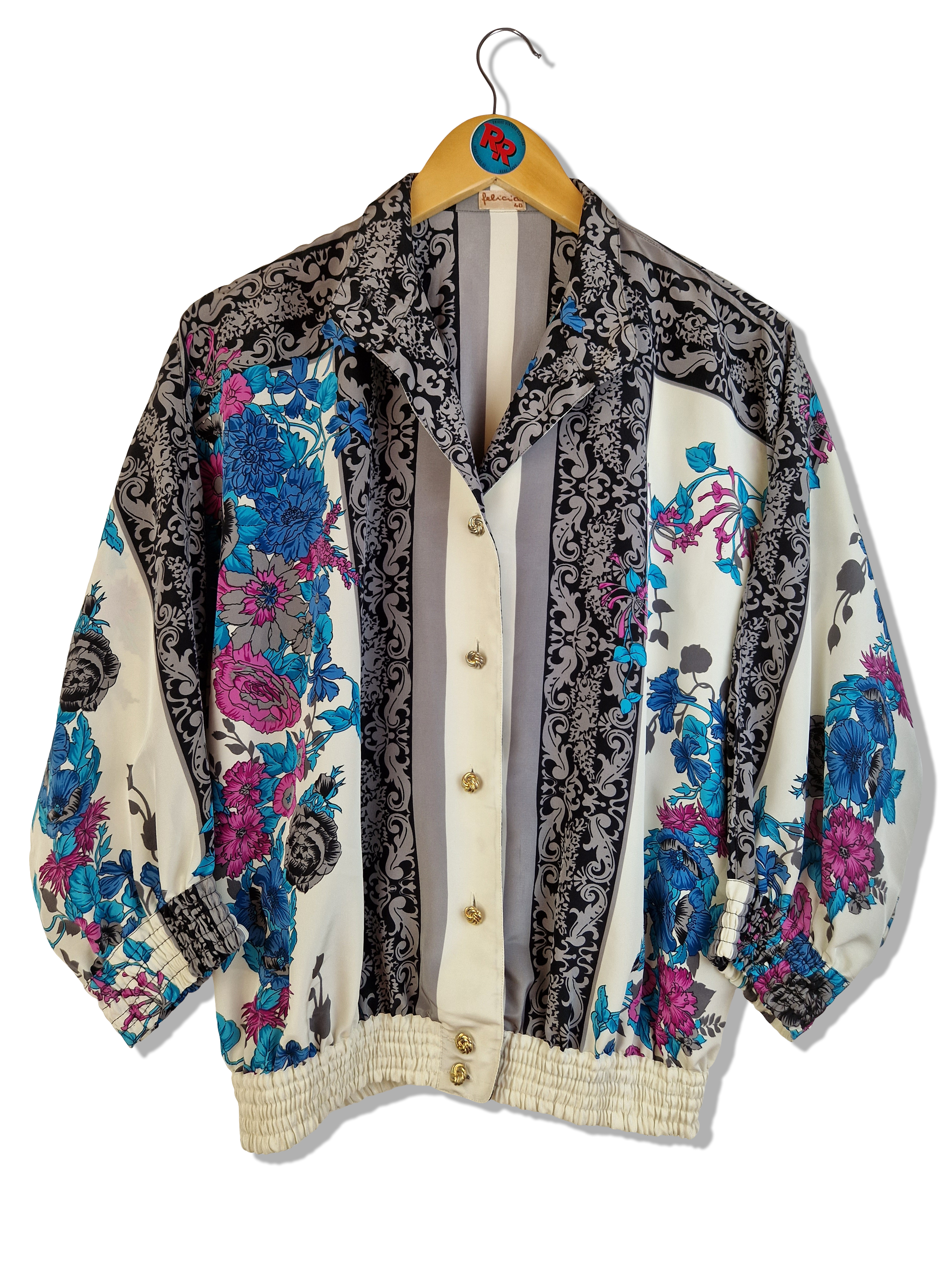 Vintage Hemd Mit Gummizug Blumen Print Goldene Knöpfe Weiß Bunt XS-S