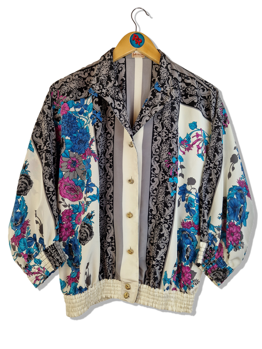 Vintage Hemd Mit Gummizug Blumen Print Goldene Knöpfe Weiß Bunt XS-S