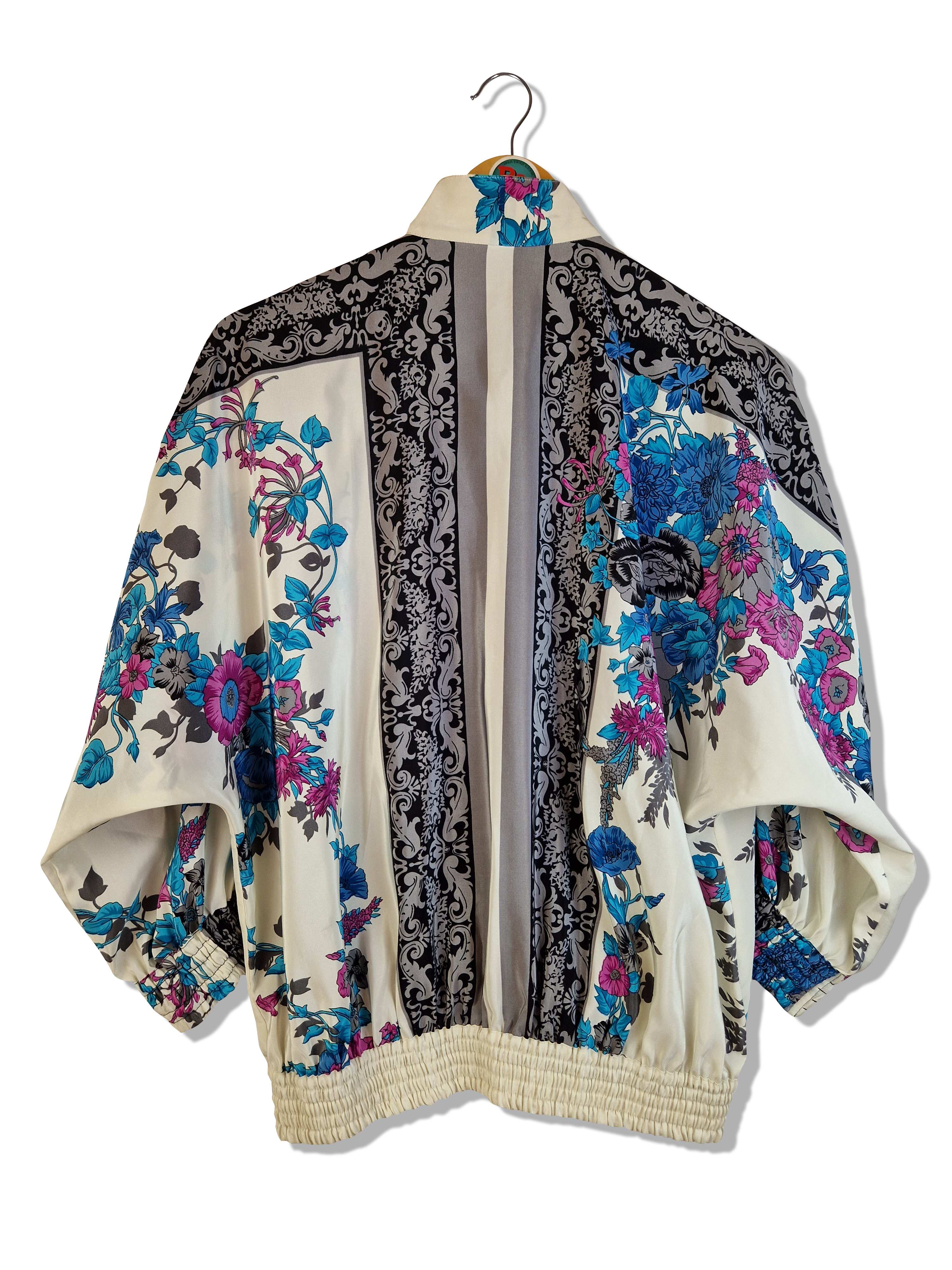 Vintage Hemd Mit Gummizug Blumen Print Goldene Knöpfe Weiß Bunt XS-S