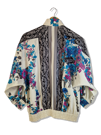 Vintage Hemd Mit Gummizug Blumen Print Goldene Knöpfe Weiß Bunt XS-S