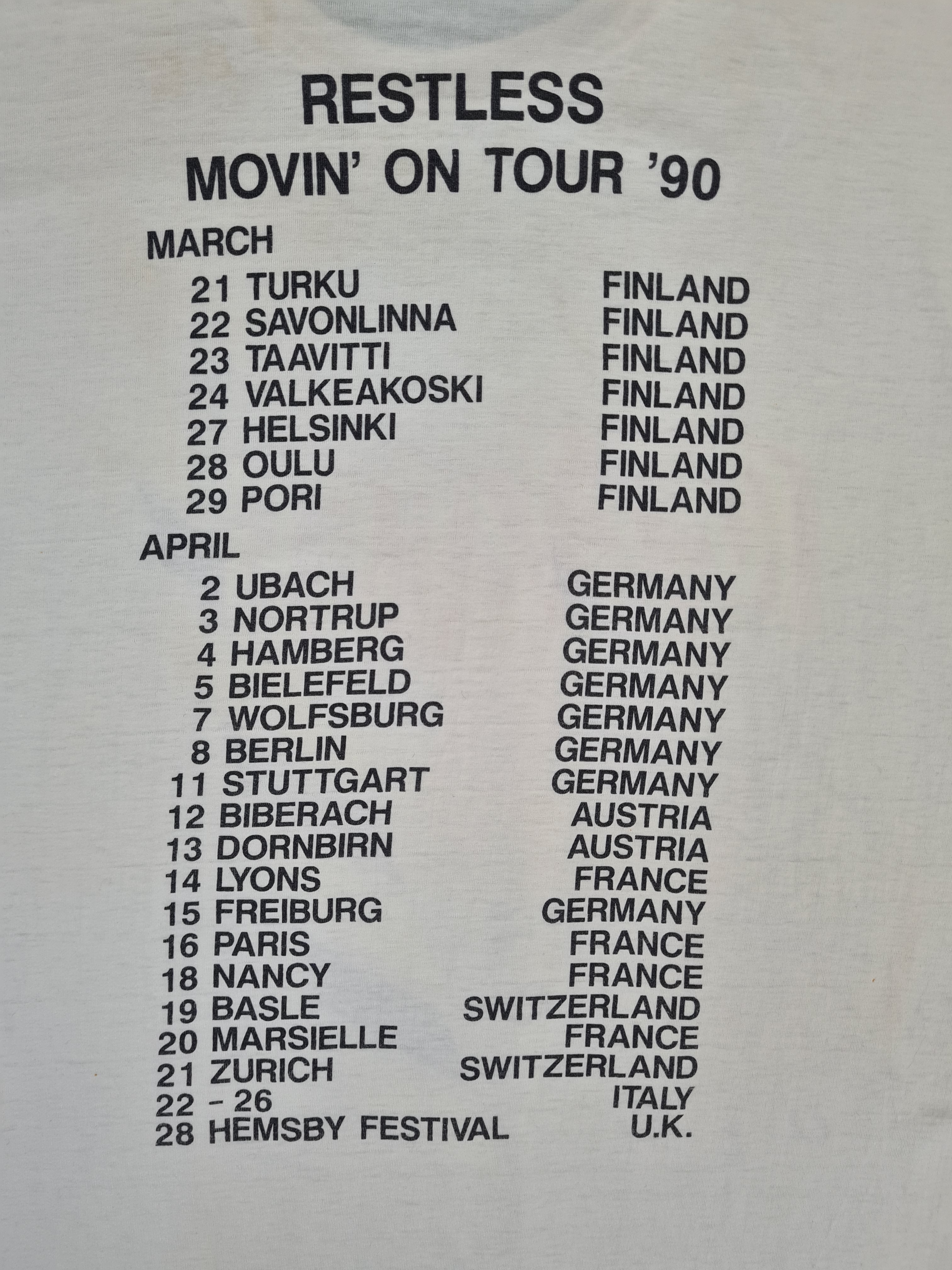 Vintage Shirt Restless "Movin' On" Tour 1990 Rock Single Stitch Weiß M-L