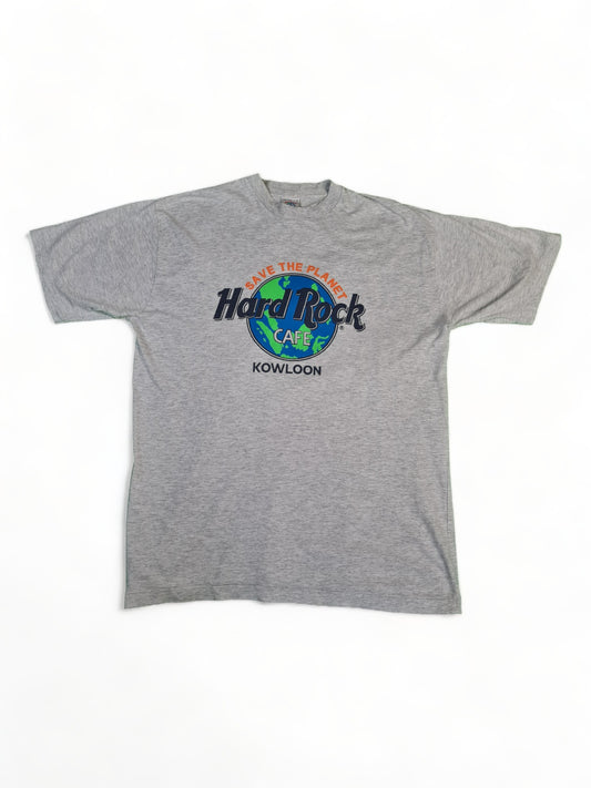 Vintage Hard Rock Cafe Shirt Kowloon "Save the planet" Single Stitch Heather Grau L-XL