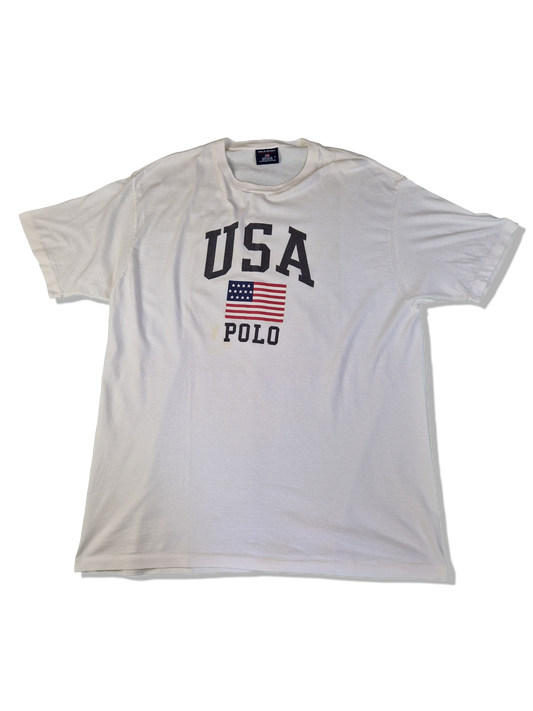 Vintage Polo Sport Shirt By Ralph Lauren USA Flag Made In USA Single Stitched Weiß M