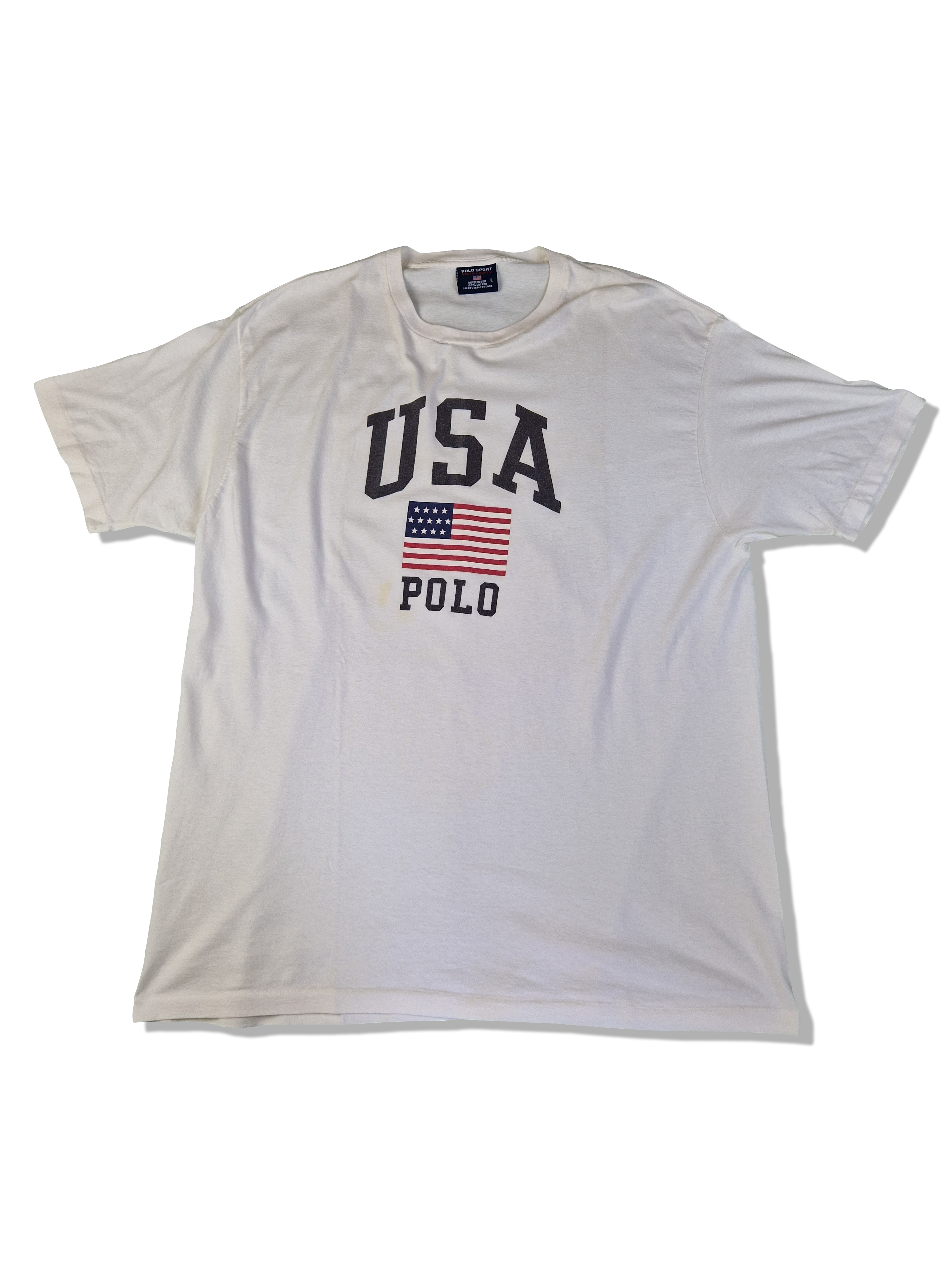 Vintage Polo Sport Shirt By Ralph Lauren USA Flag Made In USA Single Stitched Weiß M - RareRags