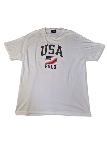 Vintage Polo Sport Shirt By Ralph Lauren USA Flag Made In USA Single Stitched Weiß M