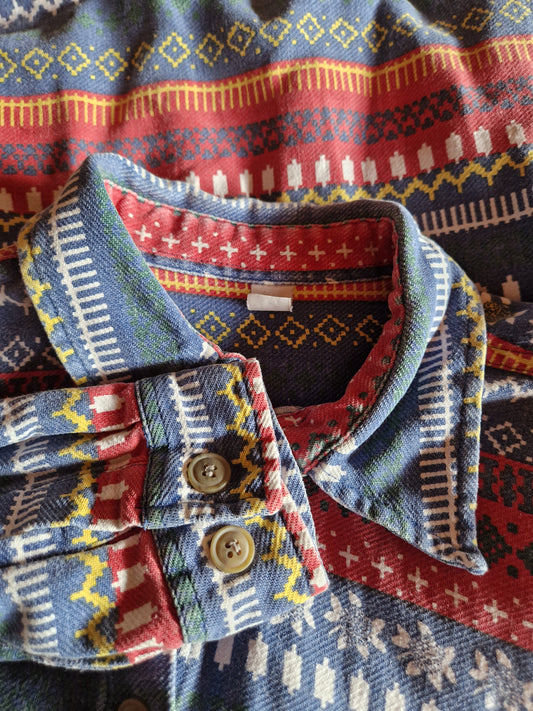 Vintage Flanellhemd Bunte Muster Blau Rot M-L