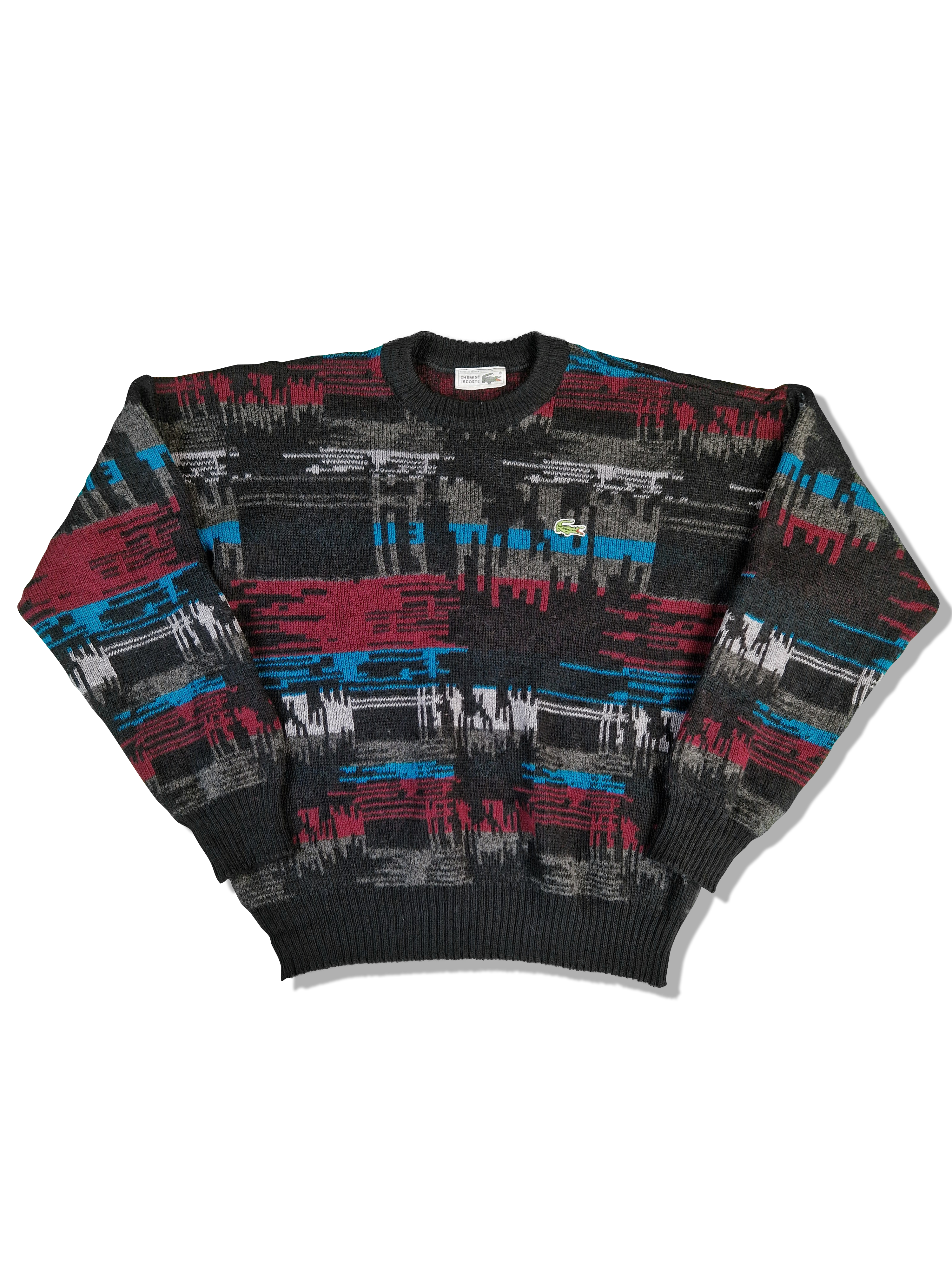 Vintage Lacoste Strickpullover Abstract Pattern 70% Wolle  Made In France Schwarz Rot (4) M - RareRags