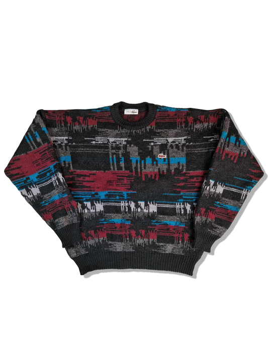 Vintage Lacoste Strickpullover Rare Abstract Pattern 70% Wolle Made In France Schwarz Rot (5) L
