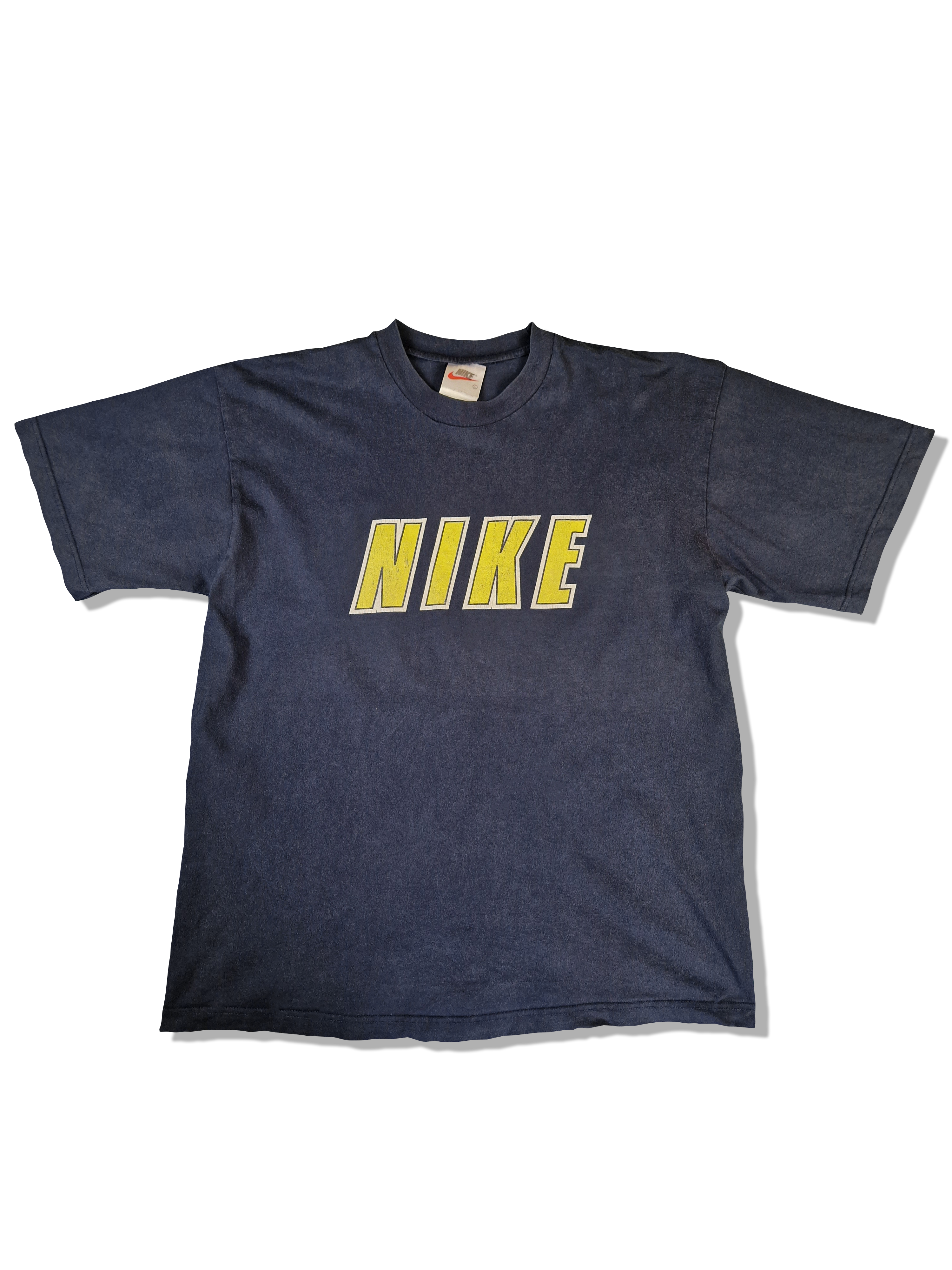 Vintage Nike Shirt Spellout Made In Hungary Usedlook Faded Dunkelblau L - RareRags