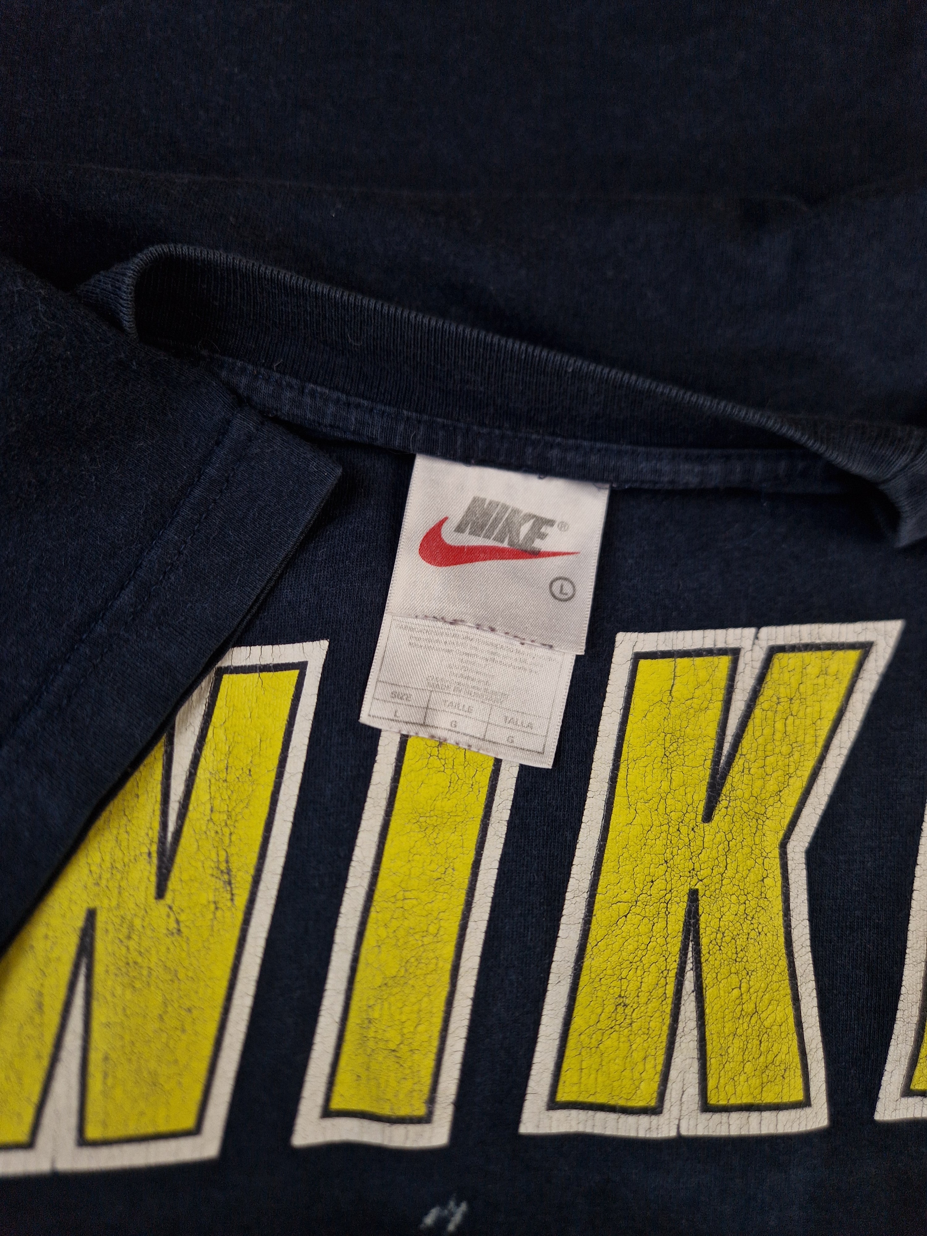 Vintage Nike Shirt Spellout Made In Hungary Usedlook Faded Dunkelblau L - RareRags