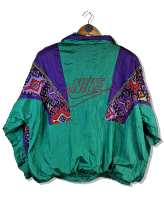 Vintage Nike Sportjacke Mit Schulterpolster Crazy Pattern Spellout Embroidery Grün Bunt S-M