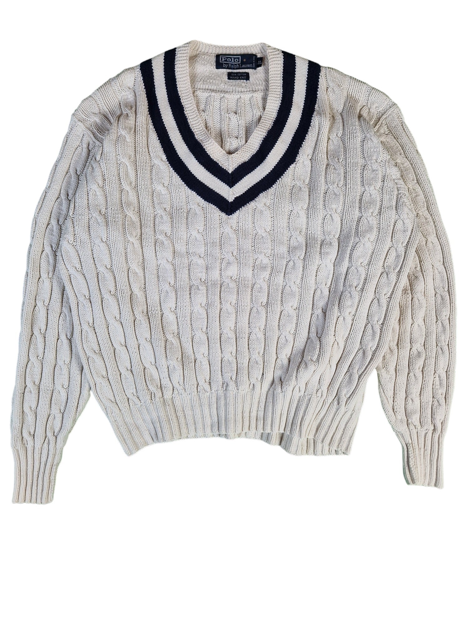 Ralph Lauren Strickpullover Hand Knit V-Ausschnitt Weiß XL