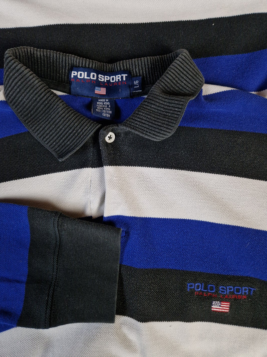 Vintage Ralph Lauren Polo Sport Polo-Shirt Langarm Made In Hong Kong Gestreift Blau Weiß L