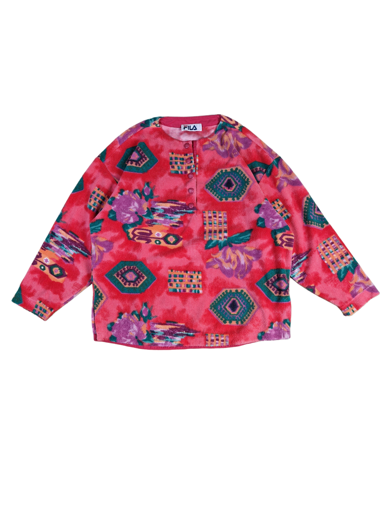 Vintage Fila Fleecejacke Druckknöpfe Rundhals Blumen Made In Italy Rot Lila (40) M-L