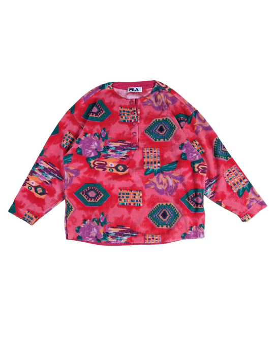 Vintage Fila Fleecejacke Druckknöpfe Rundhals Blumen Made In Italy Rot Lila (40) M-L