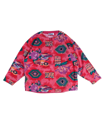 Vintage Fila Fleecejacke Druckknöpfe Rundhals Blumen Made In Italy Rot Lila (40) M-L