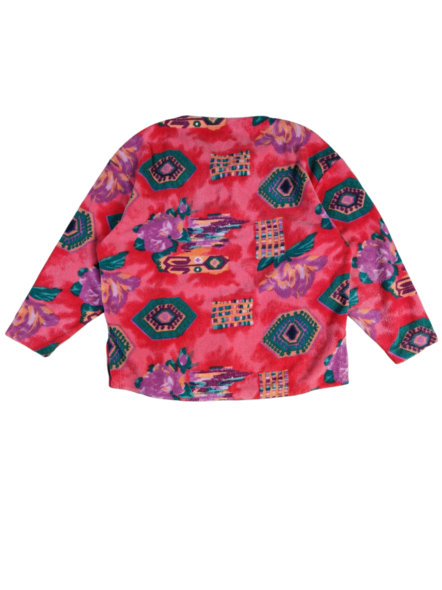 Vintage Fila Fleecejacke Druckknöpfe Rundhals Blumen Made In Italy Rot Lila (40) M-L