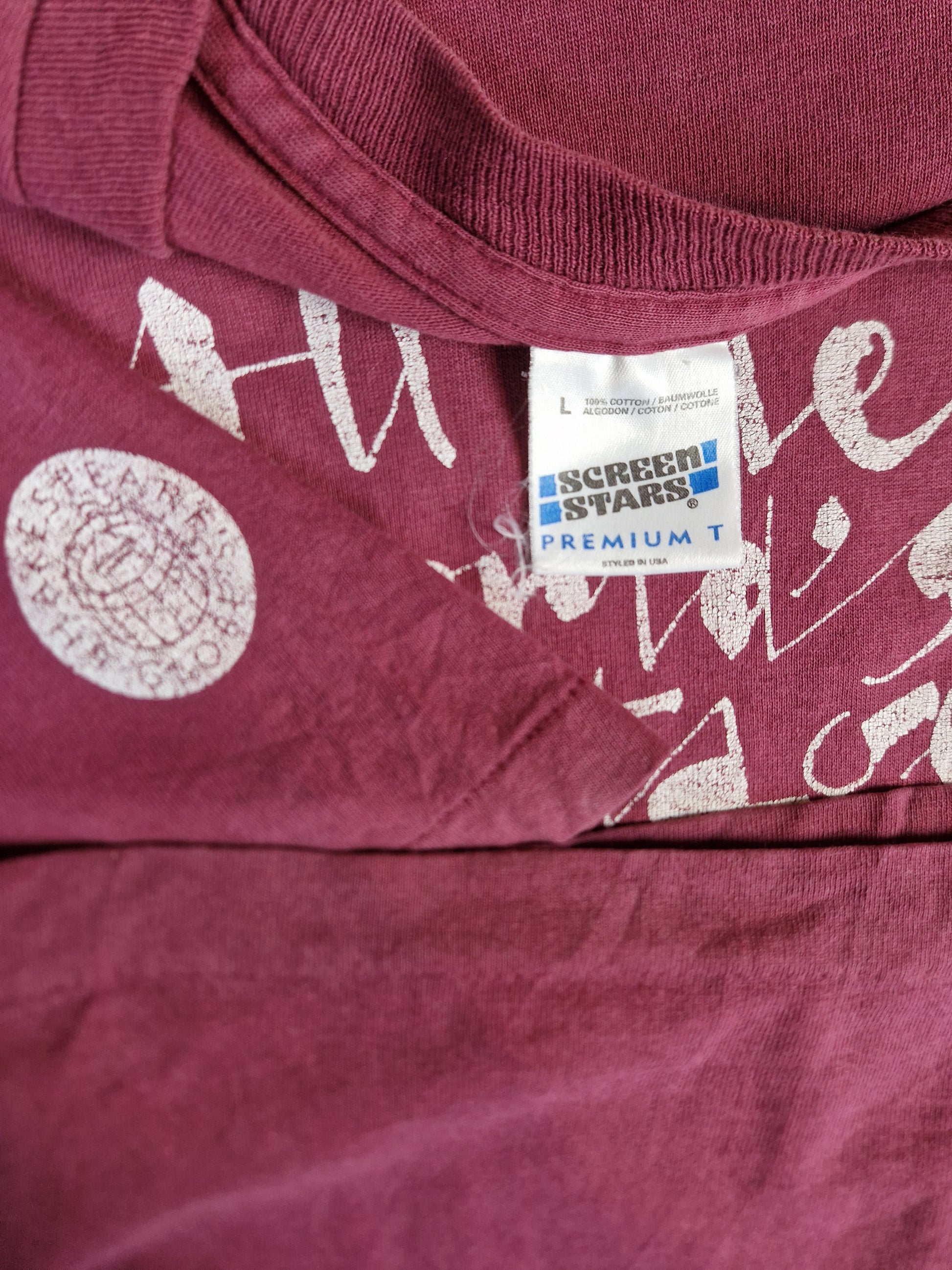 Vintage Screen Stars Shirt Shakespeares Globe "All The World's A Stage..." Single Stitch Made In Ireland Rot L - RareRags