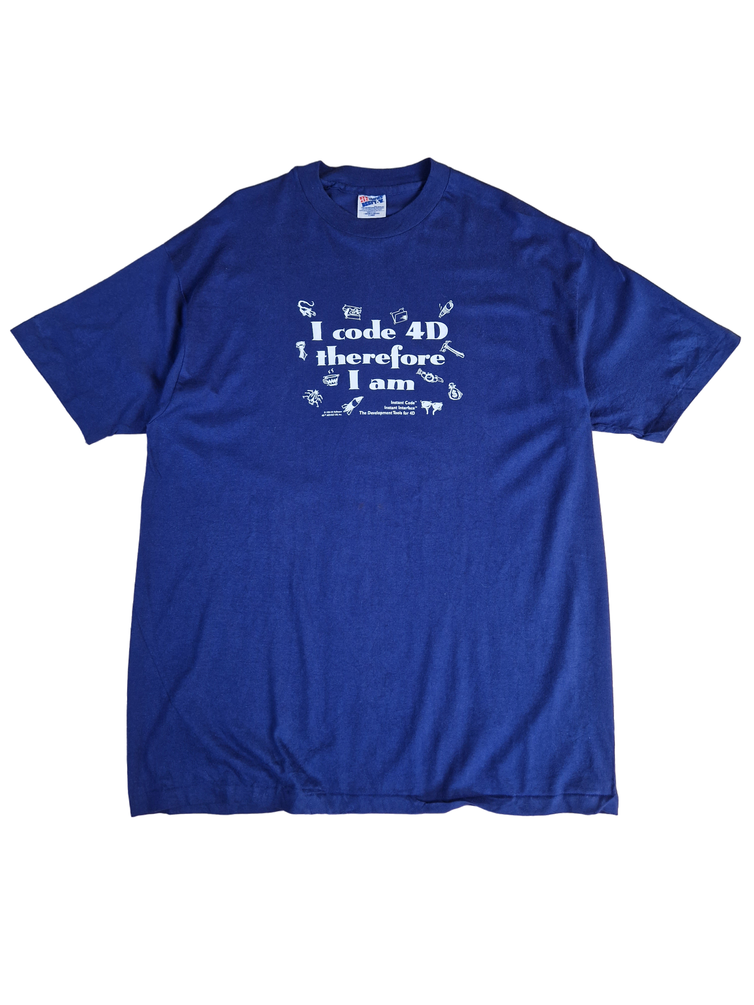 Vintage Hanes Shirt "I Code 4D Therefore I Am" 1994 Single Stitch Made In USA Dunkelblau XL - RareRags