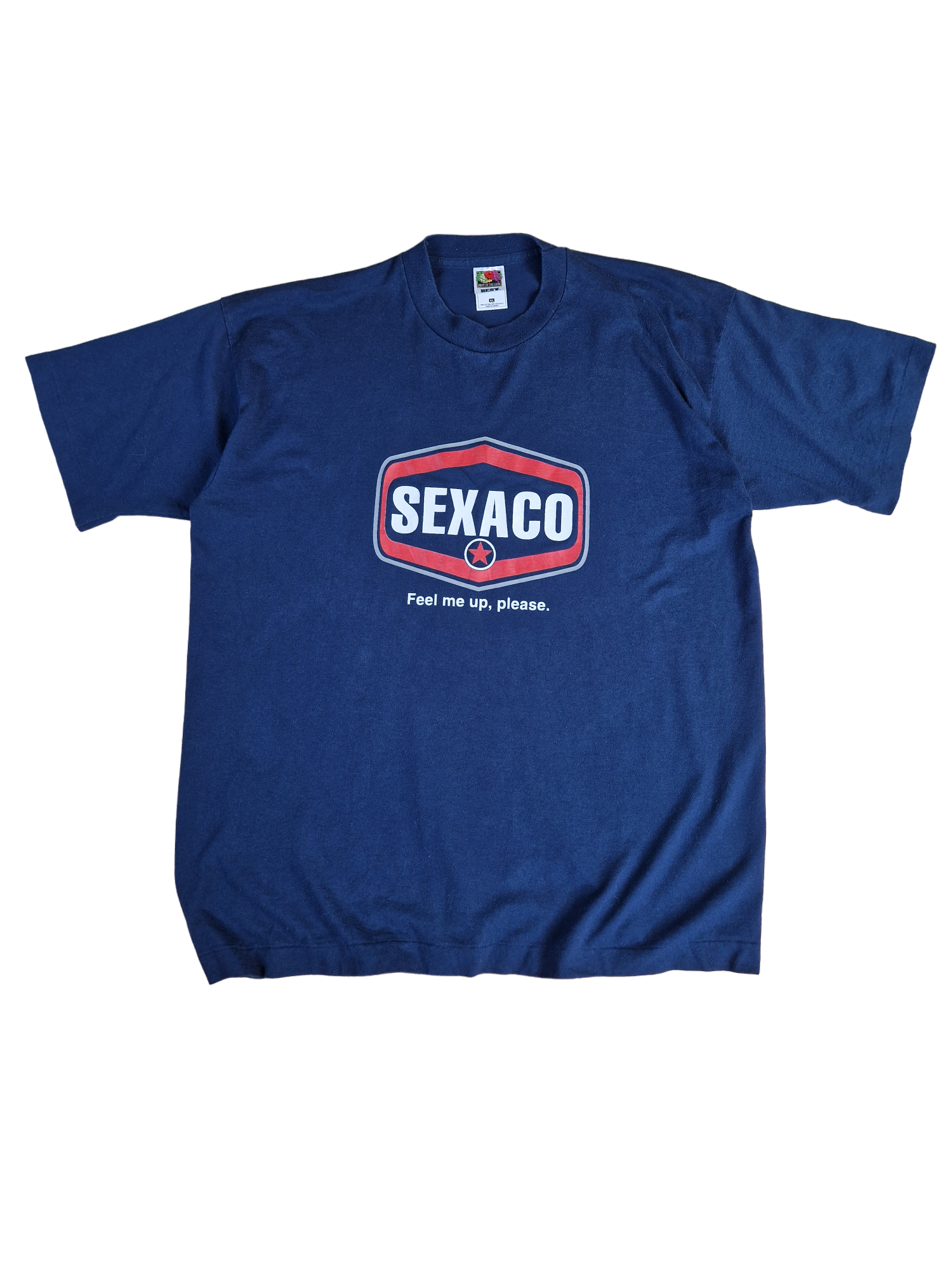 Vintage Fruit Of The Loom Shirt Sexaco "Fill Me Up, Please" Single Stitch Made In Canada Dunkelblau XL - RareRags