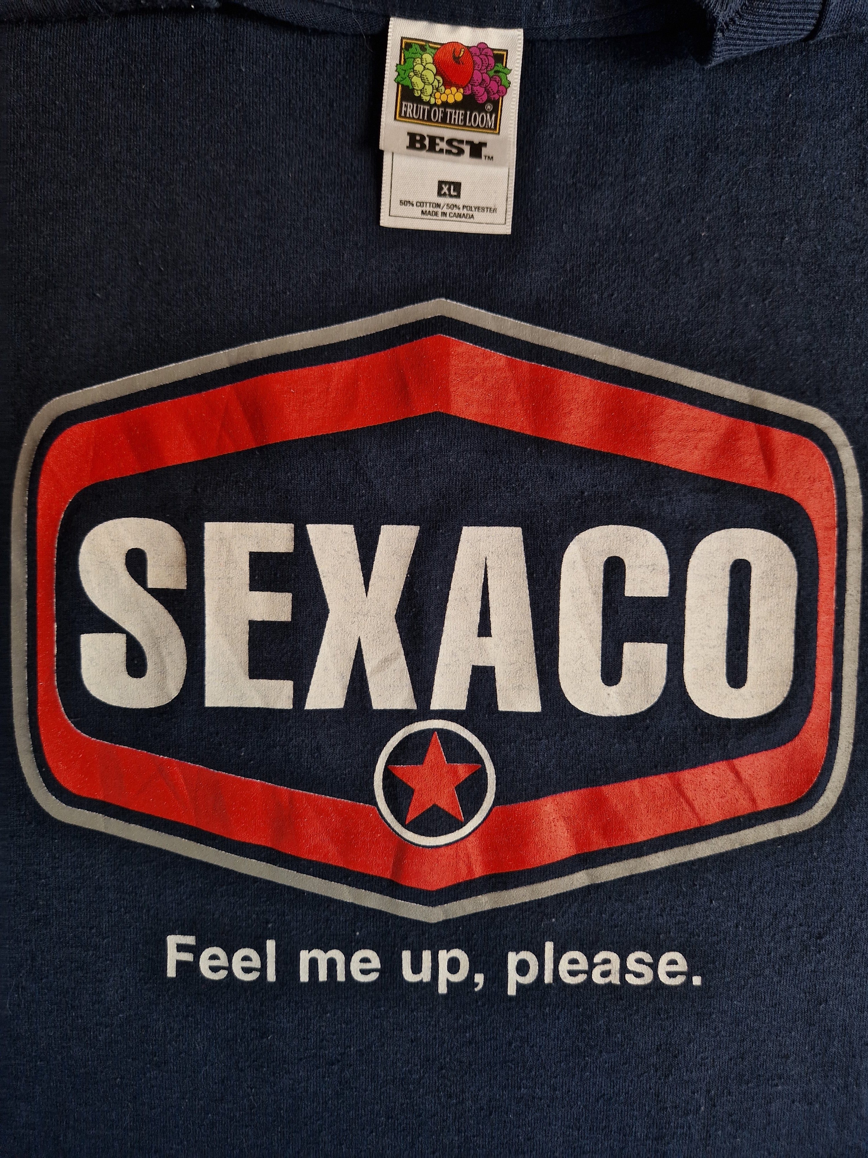 Vintage Fruit Of The Loom Shirt Sexaco "Fill Me Up, Please" Single Stitch Made In Canada Dunkelblau XL - RareRags