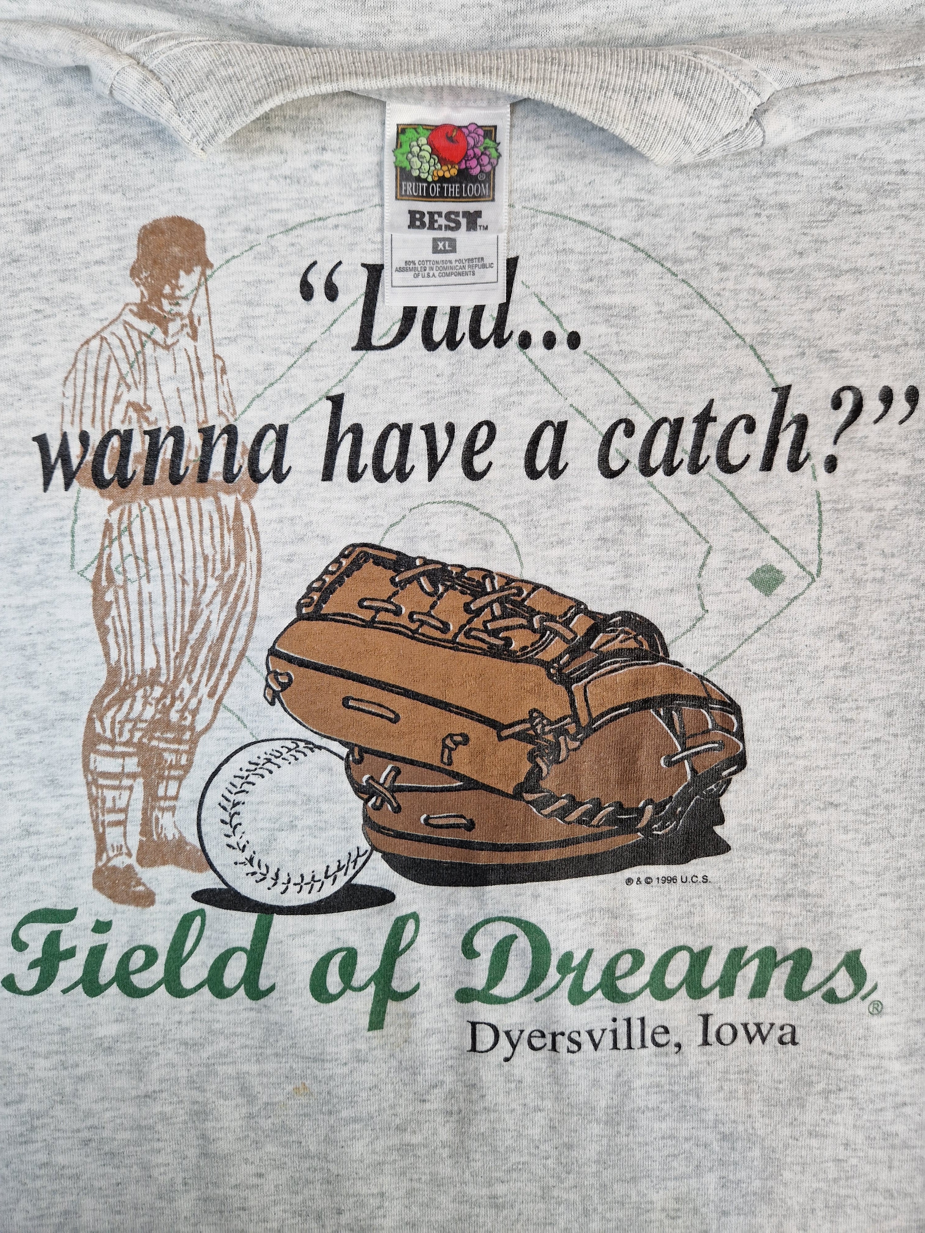 Vintage Fruit Of The Loom Shirt 1996 "Dad... Wanna have a catch?" Dyersville, Iowa Grau XL - RareRags