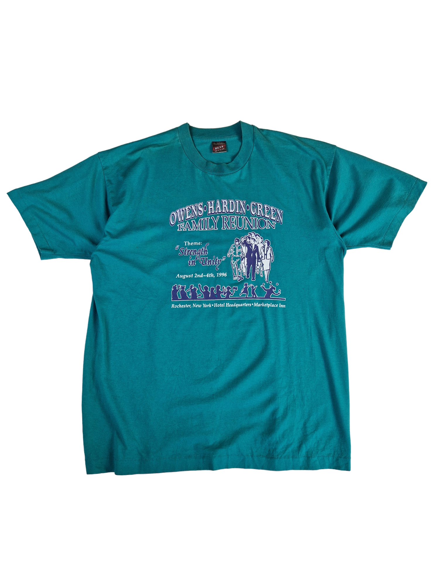 Vintage Fruit Of The Loom Shirt Family Reunion 1996 "Strength in unity" Single Stitch Türkis Grün XL - RareRags