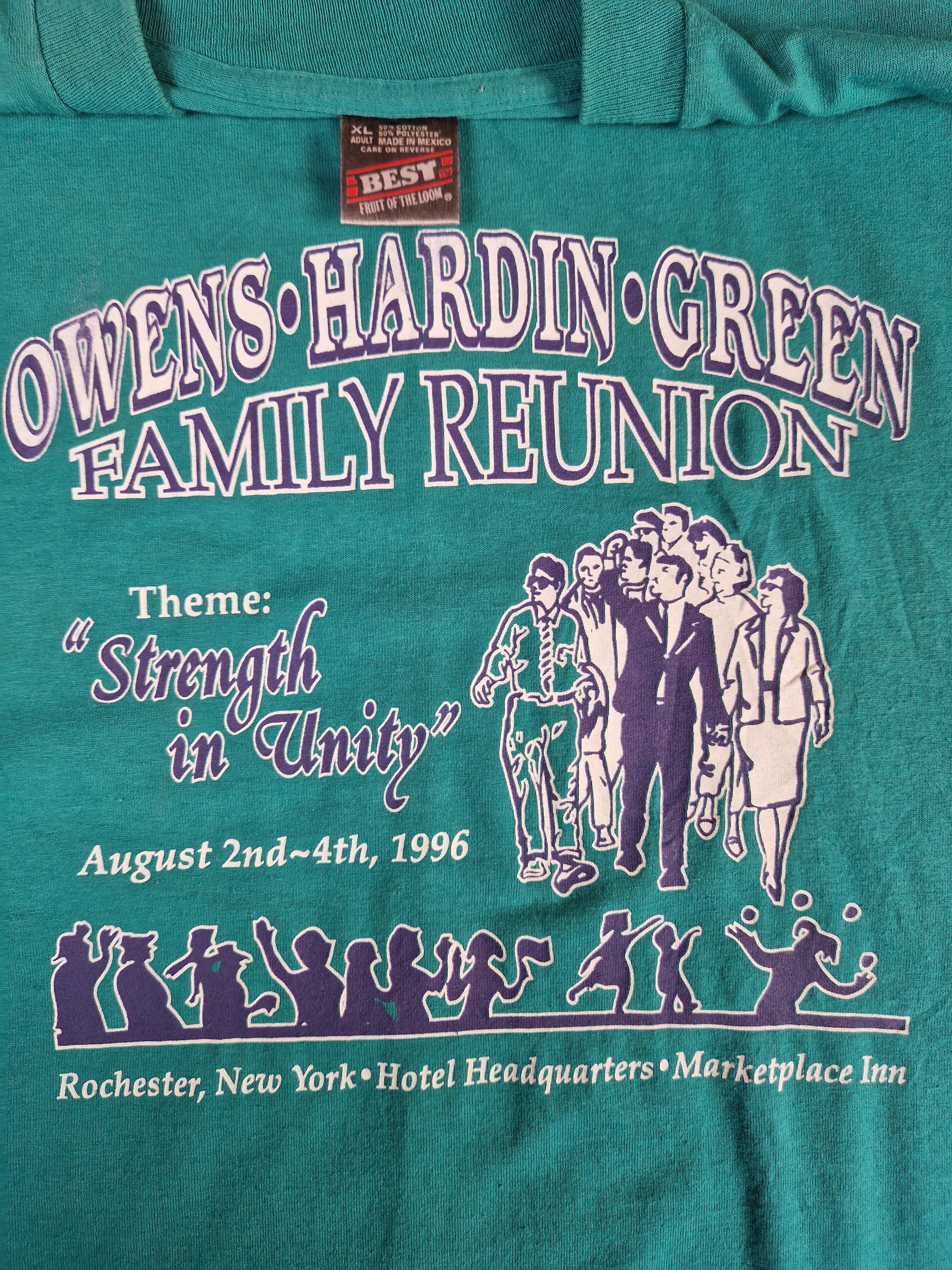 Vintage Fruit Of The Loom Shirt Family Reunion 1996 "Strength in unity" Single Stitch Türkis Grün XL - RareRags