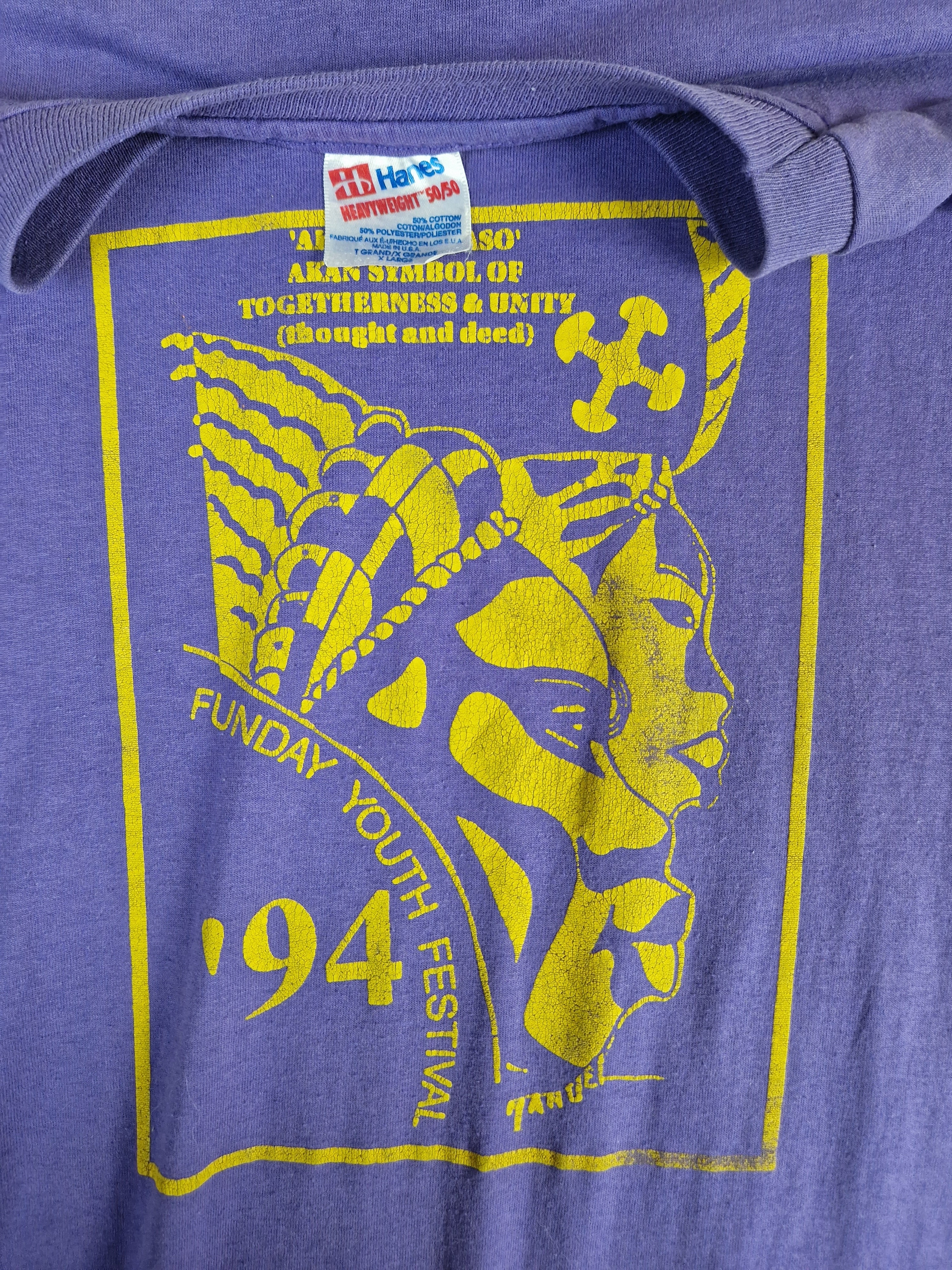Vintage Hanes Shirt 1994 Fun Day Youth Festival "Akoma Ntoaso" Single Stitch Made In USA Lila XL - RareRags