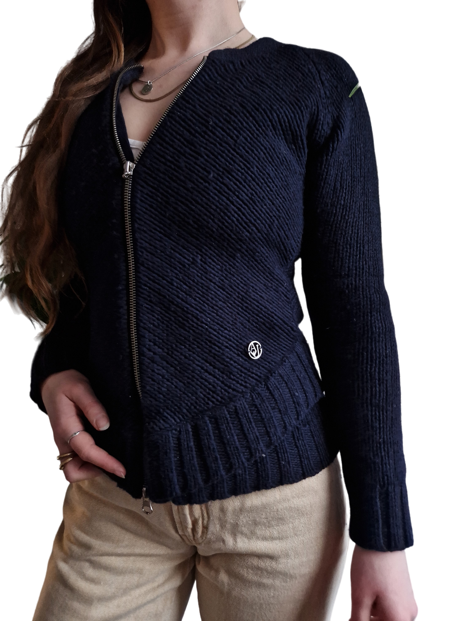 Vintage Armani Strickjacke Mit Zipper Baumwolle & Wolle Dunkelblau M
