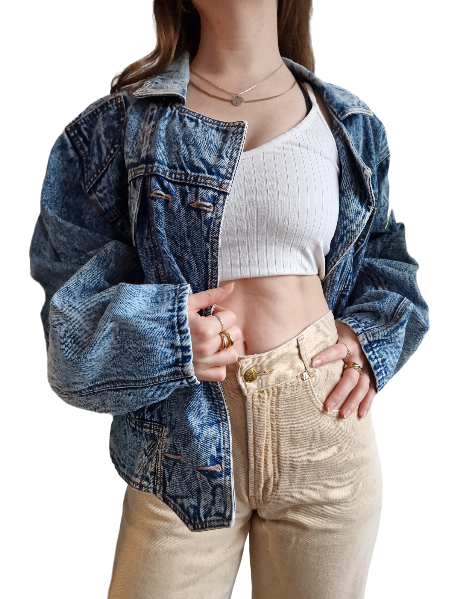 Vintage Pioneer Jeansjacke Oversized Fit Ausgewaschen Mit Patch Blau M-L