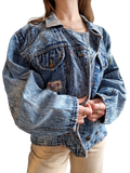 Vintage Pioneer Jeansjacke Oversized Fit Ausgewaschen Mit Patch Blau M-L