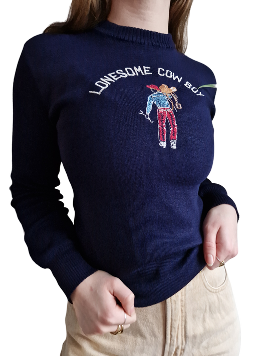 Vintage Santana Jeans Strickpullover "Lonesome Cowboy" 80s Made In Italy Mit Repairs Navy XS