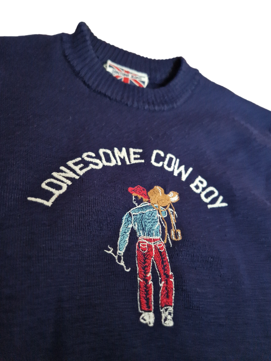 Vintage Santana Jeans Strickpullover "Lonesome Cowboy" 80s Made In Italy Mit Repairs Navy XS